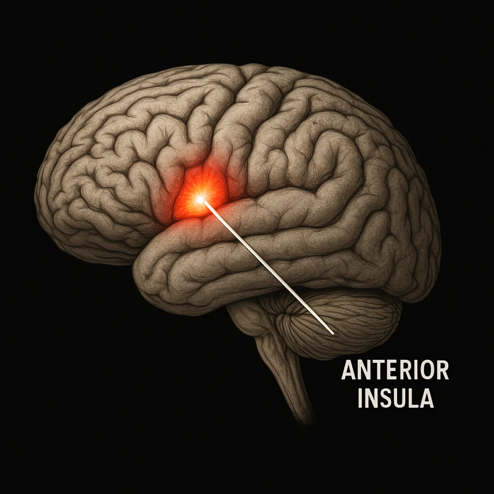 Brain MRI showing the anterior insula with reduced gray matter highlighted in red